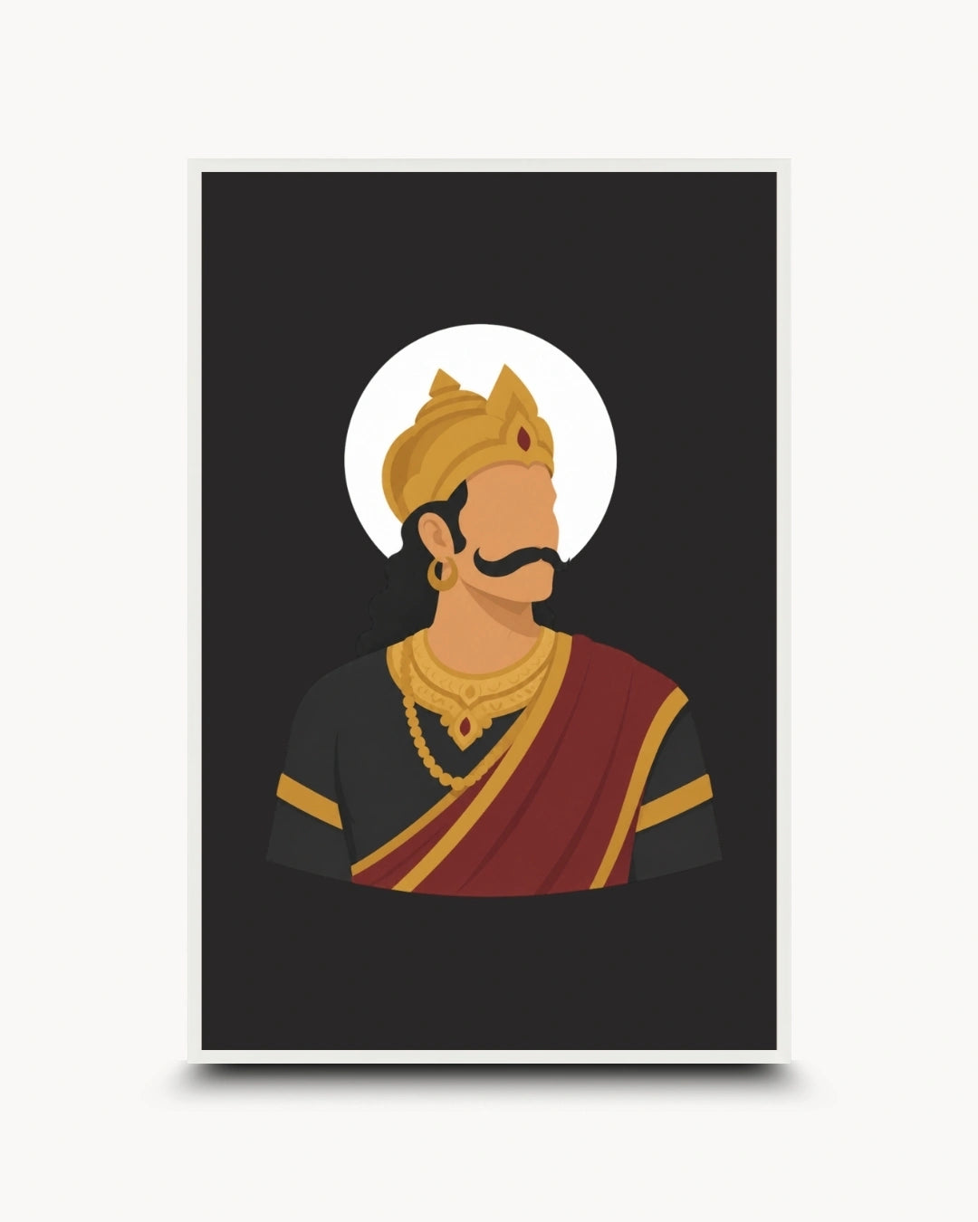 A vertical art print featuring a stylized vector illustration of Raavana in traditional Indian attire, including a gold crown and a maroon drape with gold borders, set against a black background with a white halo. The print is displayed on a light gray background with a subtle drop shadow.
