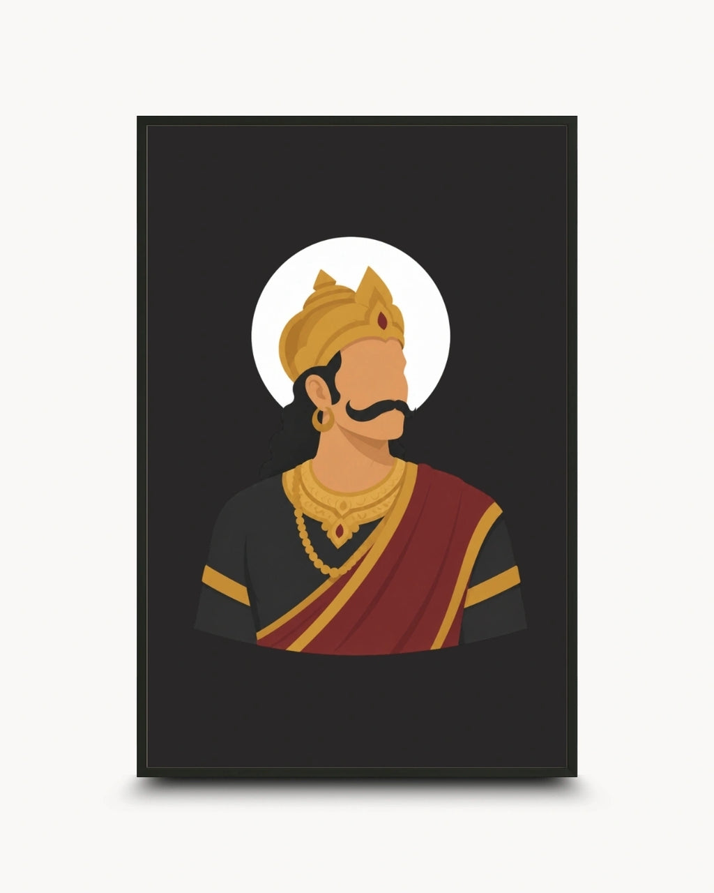 Minimalist illustration of King Raavana against a dark background presented as a modern wall art piece in a sleek noir black frame.