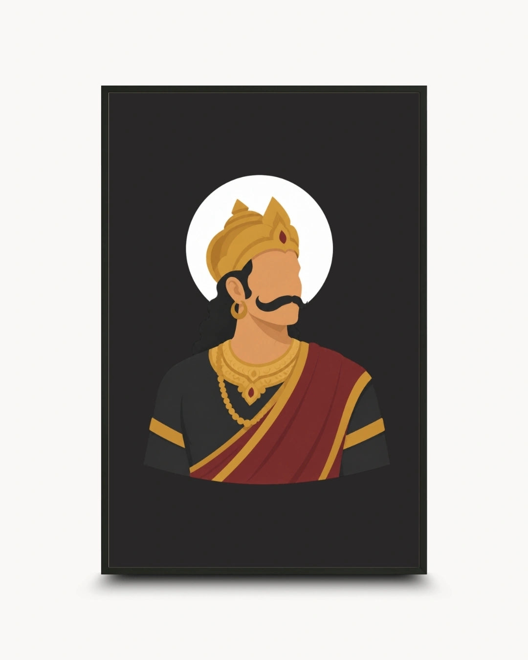 Minimalist illustration of King Raavana against a dark background presented as a modern wall art piece in a sleek noir black frame.