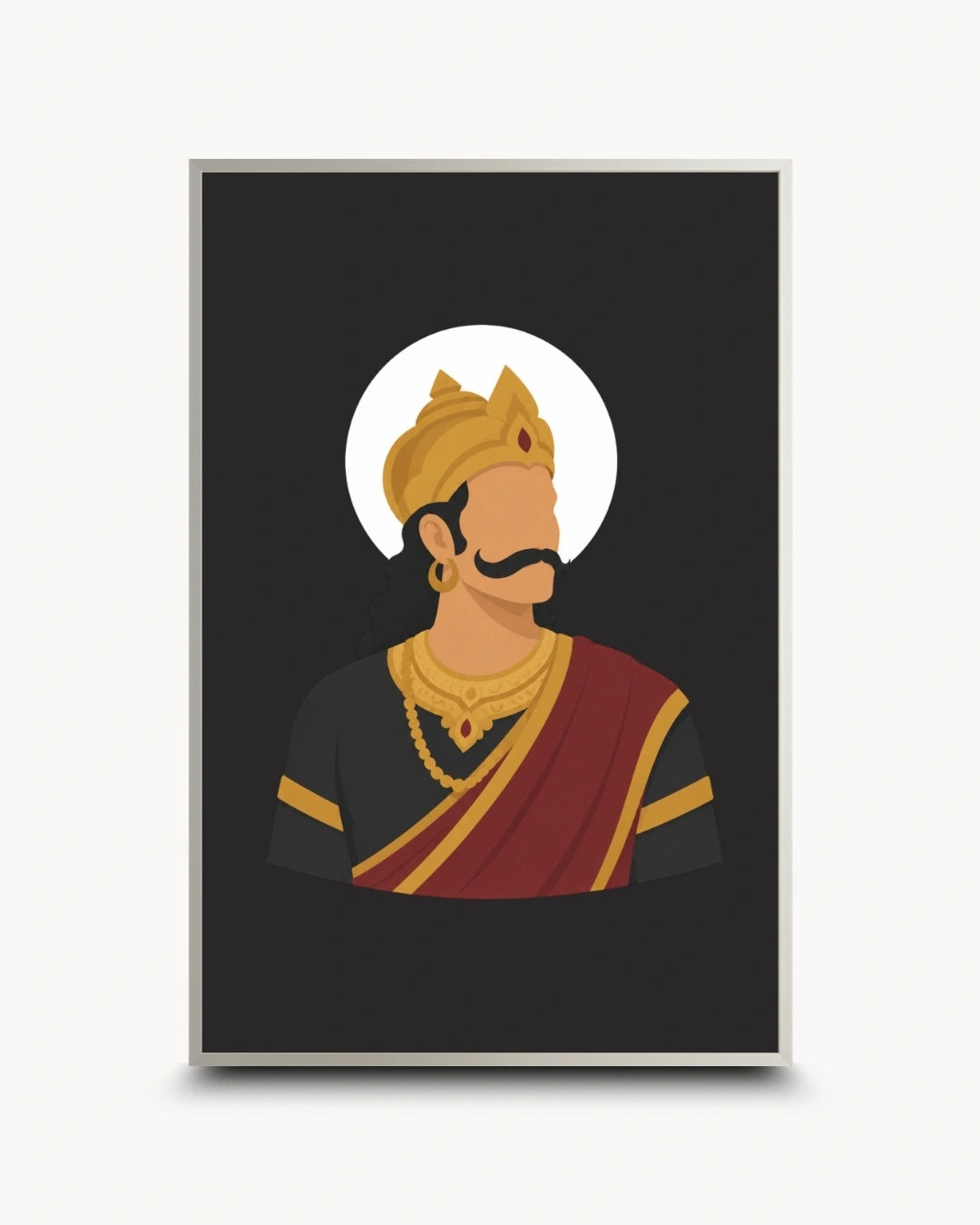 A vertical framed art print featuring a stylized portrait of Raavana in profile wearing a gold crown and jewelry, with a dark red and gold draped garment against a black background. The print is shown with a thin light gray frame on a light gray background.