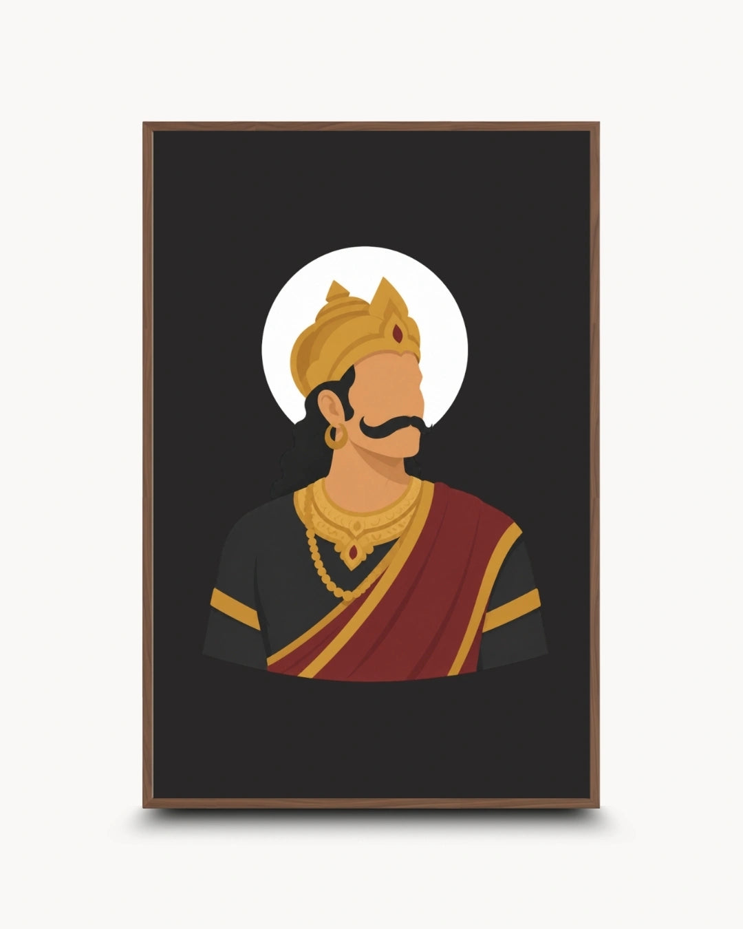 A framed art print featuring a stylized vector illustration of Raavana in traditional Indian attire, including a gold turban, gold necklace, and a red and gold drape, set against a black background with a white circular halo behind his head.