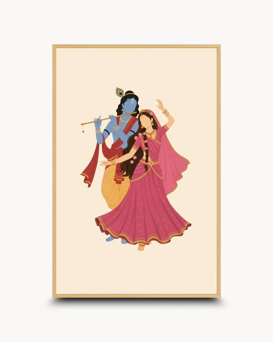 Minimalist illustration of the Hindu divine couple Radha and Krishna, presented as a modern wall art piece in a light maple wood frame.