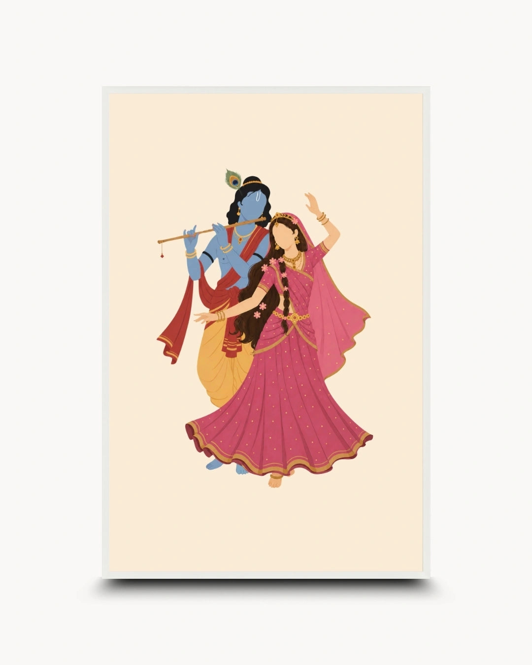 Minimalist illustration of the Hindu divine couple Radha and Krishna, presented as a modern wall art piece in a clean moon white frame.