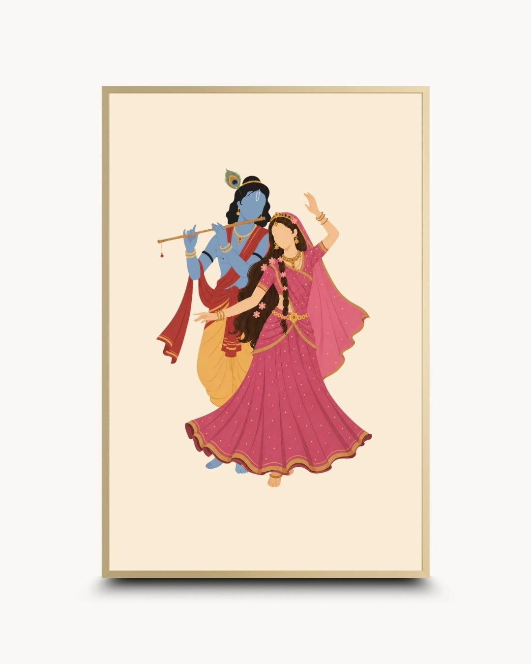 Minimalist illustration of the Hindu divine couple Radha and Krishna, presented as a modern wall art piece in an elegant satin gold frame.