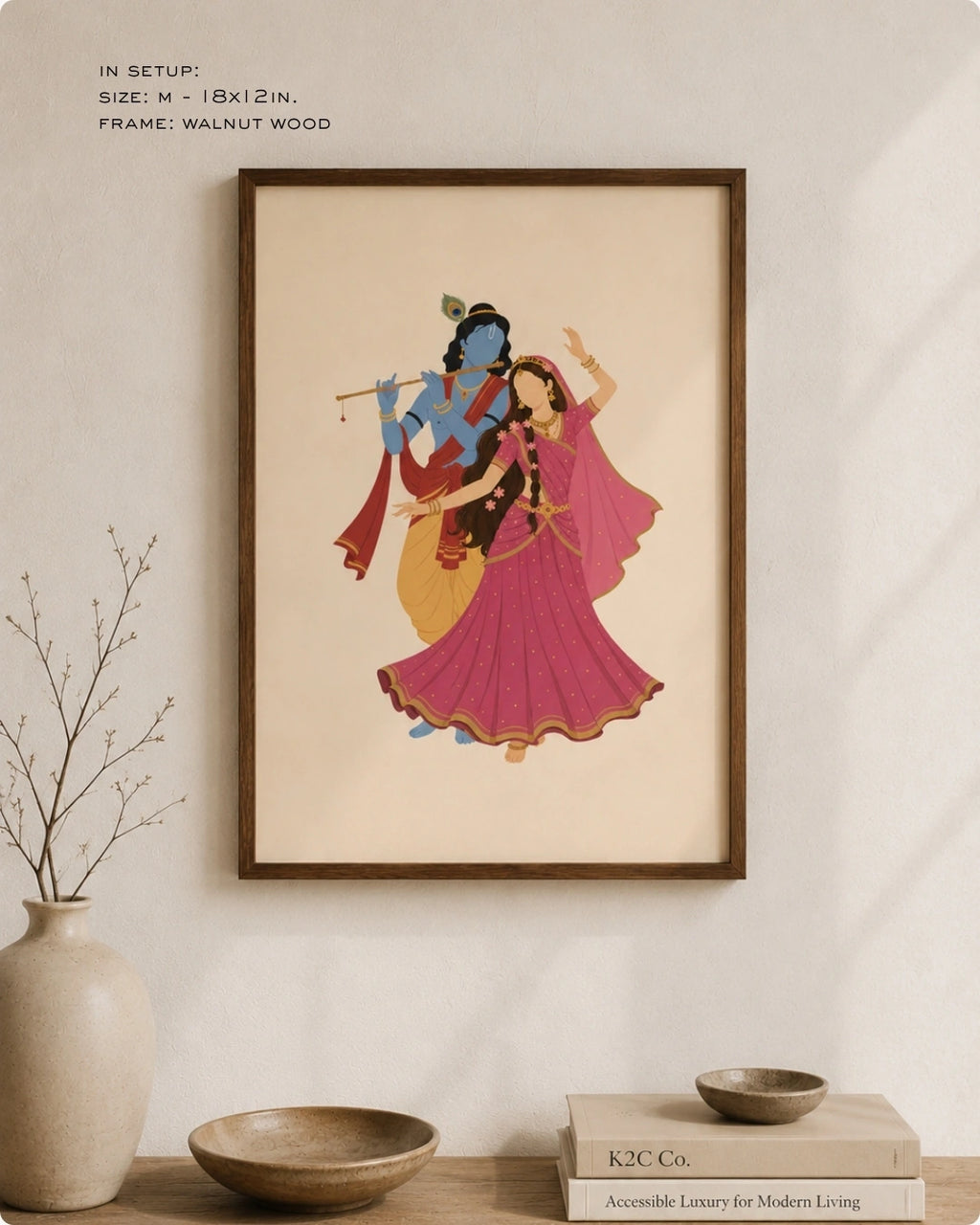 Lifestyle mockup of the minimalist Hindu divine couple Radha and Krishna wall art in a rich walnut wood frame, displayed in a serene, contemporary living space.