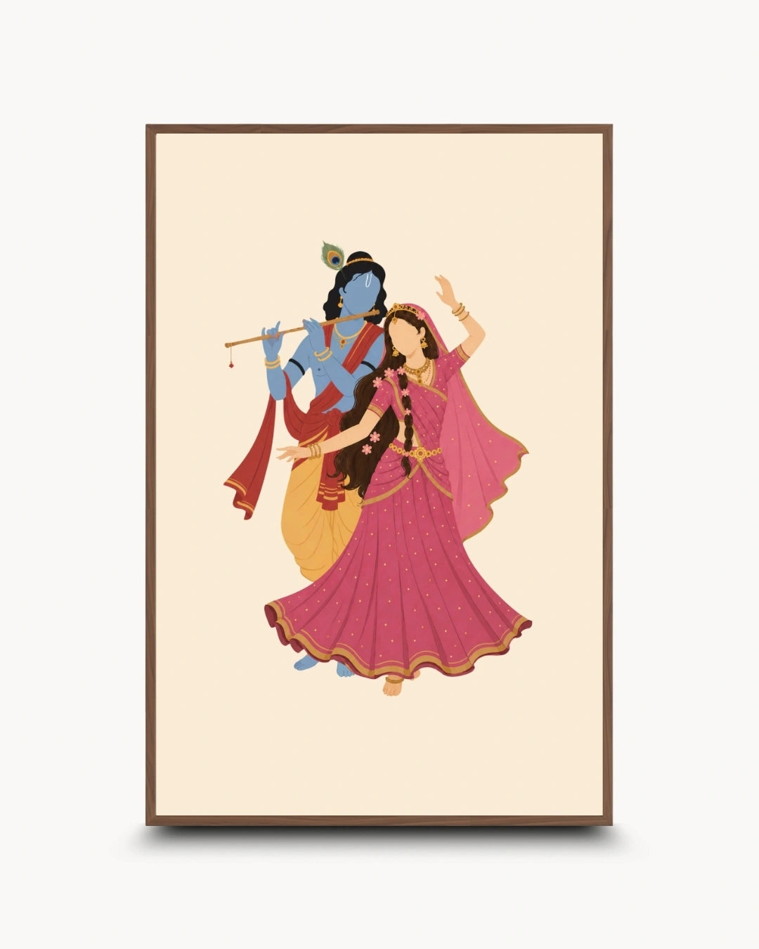 Minimalist illustration of the Hindu divine couple Radha and Krishna, presented as a modern wall art piece in a rich walnut wood frame.