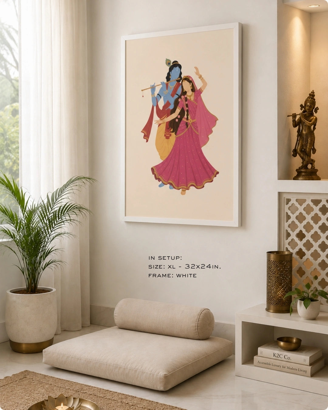 Lifestyle mockup of the minimalist Hindu divine couple Radha and Krishna wall art in a clean white frame, hung in a tranquil floor-seating meditation or yoga space.