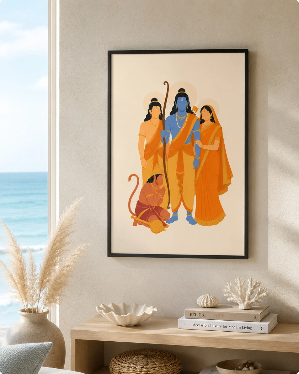 Lifestyle mockup of the Hindu deities Ram Darbar wall art in a sleek black frame, styled beautifully in a bright, airy coastal room with an ocean view.