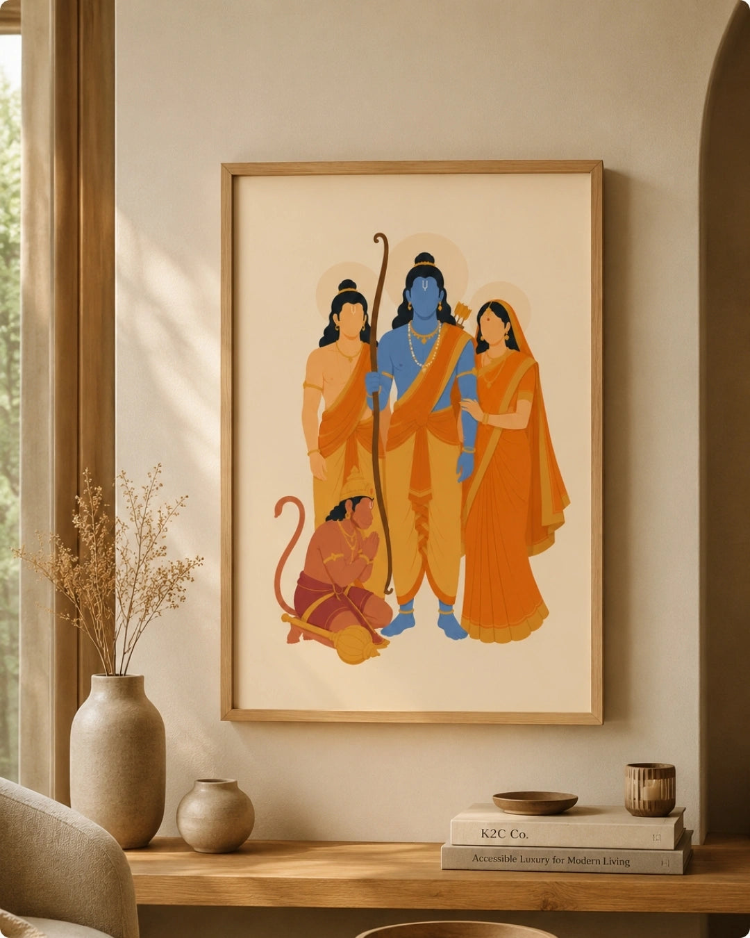 Lifestyle mockup of the minimalist Ram Darbar wall art in a maple wood frame, styled over a light wood console with dried florals in a serene Japandi space.