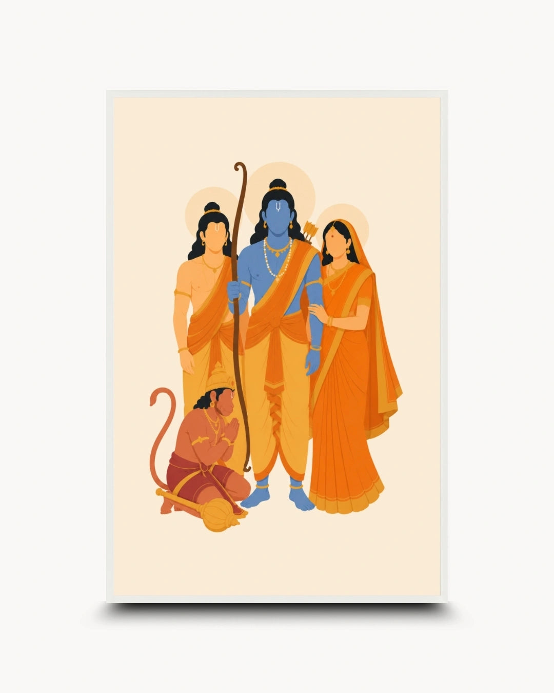 Minimalist illustration of the Hindu deities Lord Rama, Mother Sita, Lord Lakshman, and Lord Hanuman (Ram Darbar), presented as a modern wall art piece in a clean moon white frame.