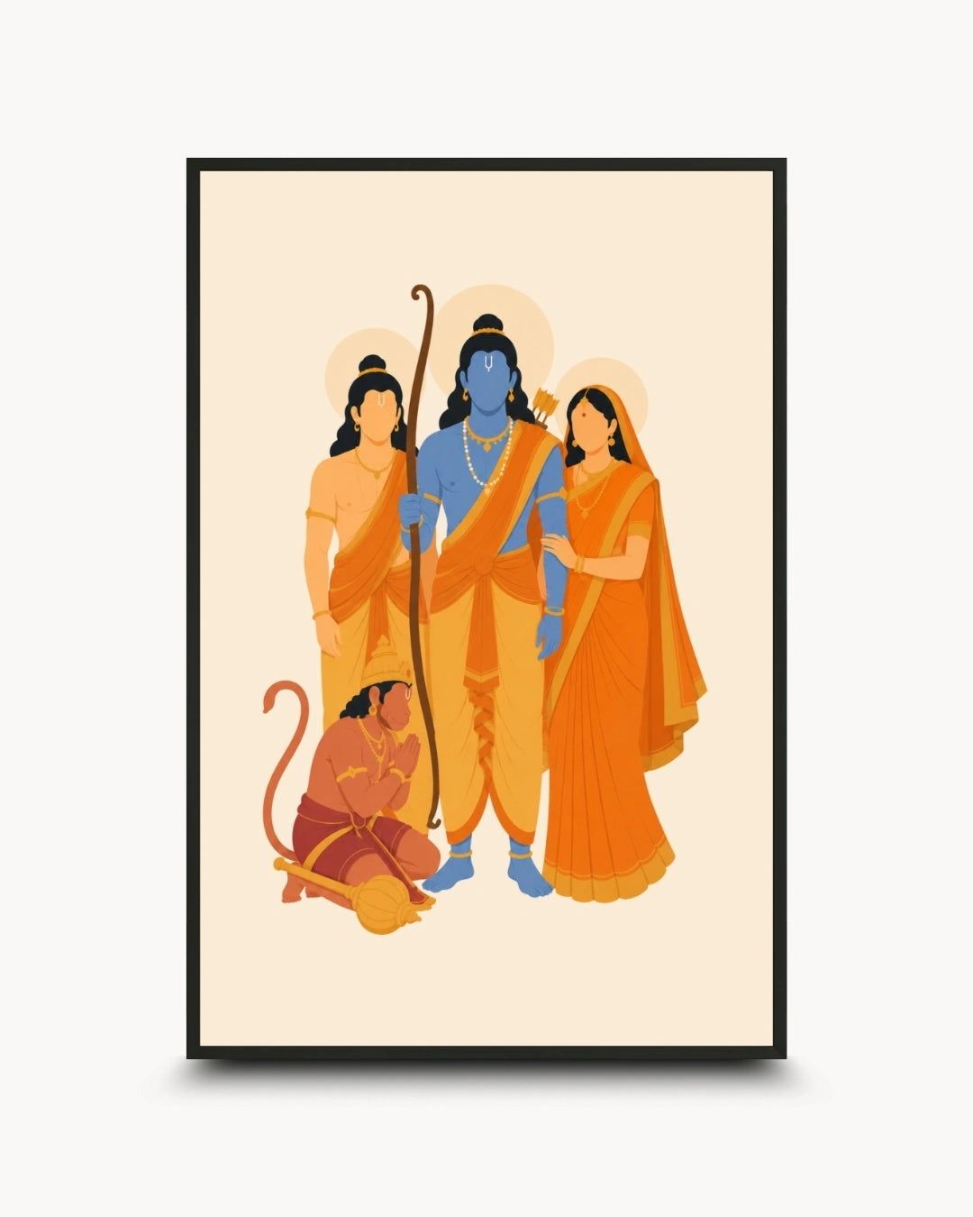 Minimalist illustration of the Hindu deities Lord Rama, Mother Sita, Lord Lakshman, and Lord Hanuman (Ram Darbar), presented as a modern wall art piece in a sleek noir black frame.