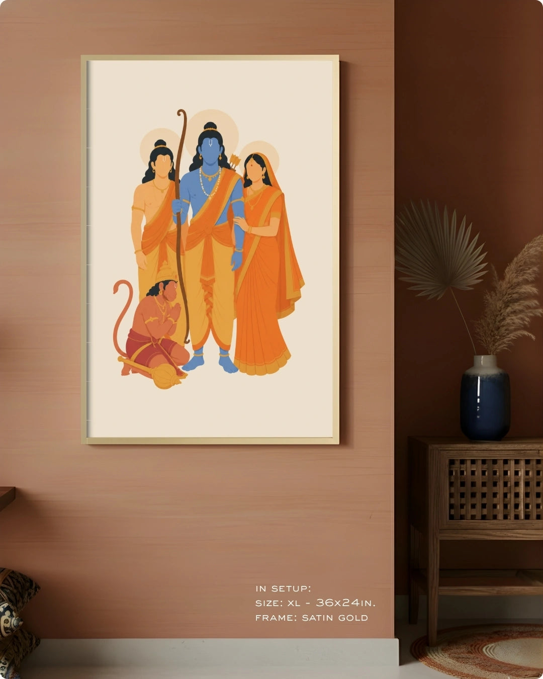 Visual size guide mockup for the Ram Darbar wall art in Extra Large size with a satin gold frame, displayed against a warm terracotta accent wall.