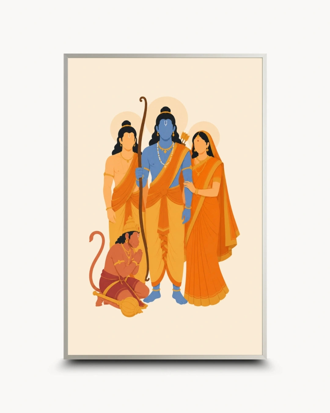 Minimalist illustration of the Hindu deities Lord Rama, Mother Sita, Lord Lakshman, and Lord Hanuman (Ram Darbar), presented as a modern wall art piece in a modern satin silver frame.