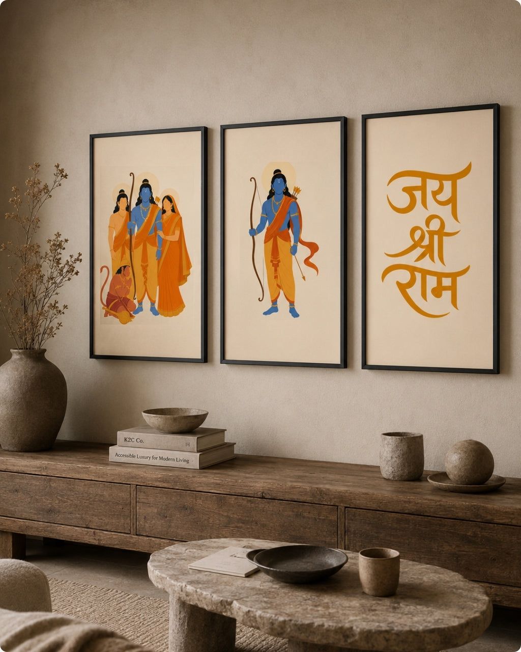 Three framed wall art prints with black frames hang above a rustic wooden console table in a styled interior. The prints feature warm-toned illustrations of Hindu deities and the text 'Jai Shree Ram' in orange Devanagari script on cream backgrounds.