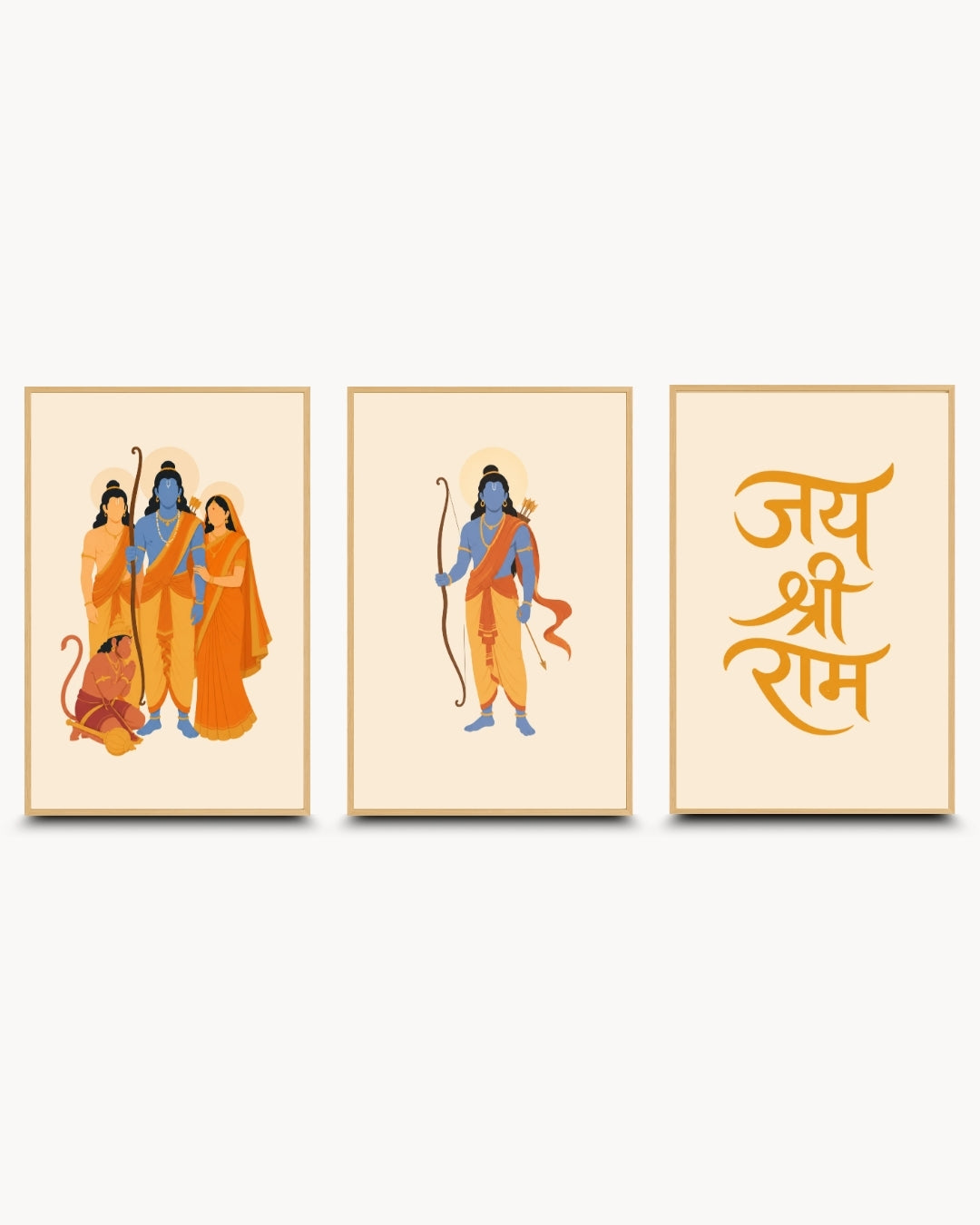 Minimalist illustration set of 3 featuring the Ram Darbar, Lord Rama with bow, and Jai Shri Ram typography, presented as modern framed wall art pieces in light maple wood frames.