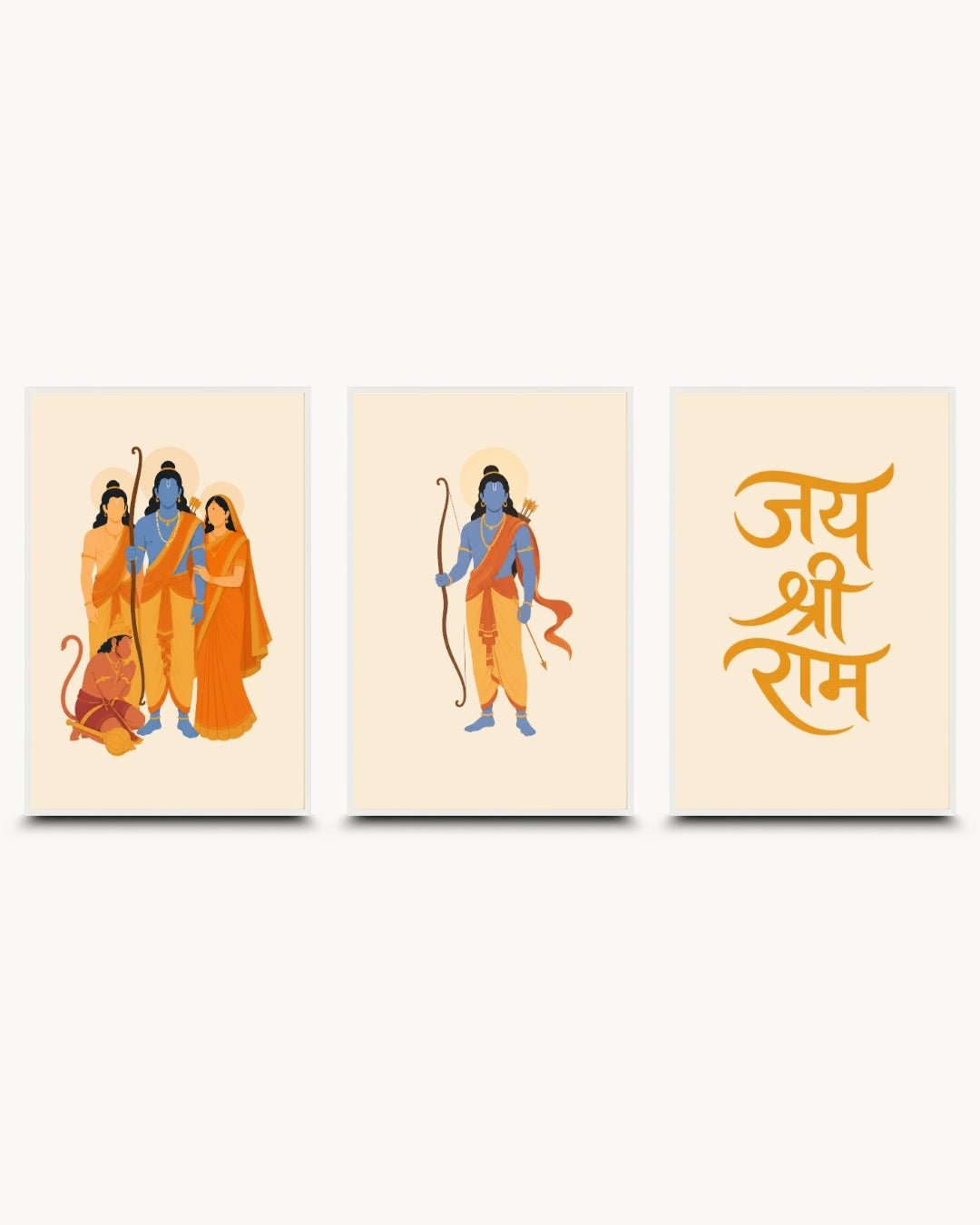 Minimalist illustration set of 3 featuring the Ram Darbar, Lord Rama with bow, and Jai Shri Ram typography, presented as modern framed wall art pieces in clean moon white frames.