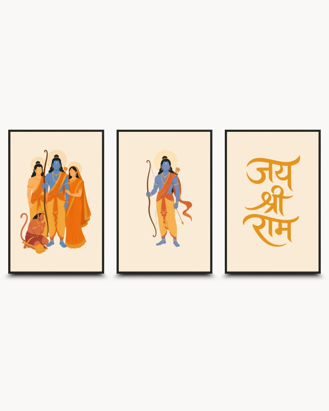 Minimalist illustration set of 3 featuring the Ram Darbar, Lord Rama with bow, and Jai Shri Ram typography, presented as modern framed wall art pieces in sleek noir black frames.