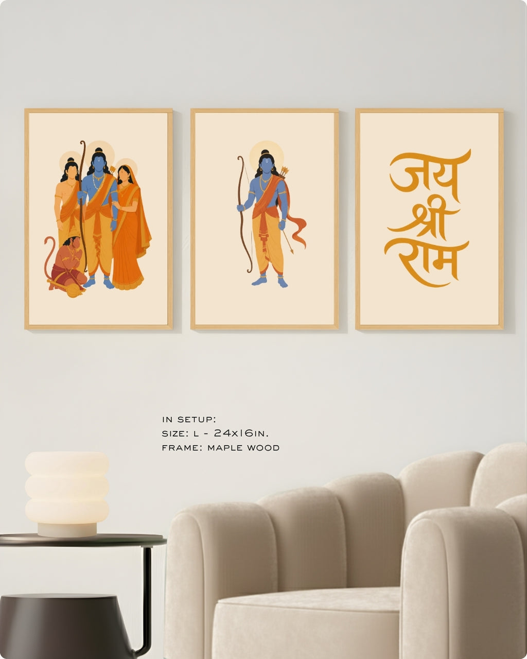 Three framed wall art prints featuring Hindu religious imagery and text, displayed in a living room setting above a beige sofa. The prints are shown in a mockup layout with a side table and lamp.