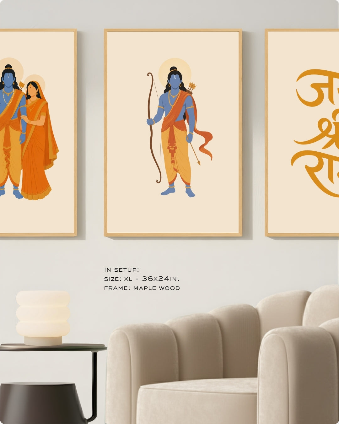 Three framed wall art prints with stylized Hindu deity illustrations and gold script on a cream background, shown hanging above a beige armchair in a modern living room setting.
