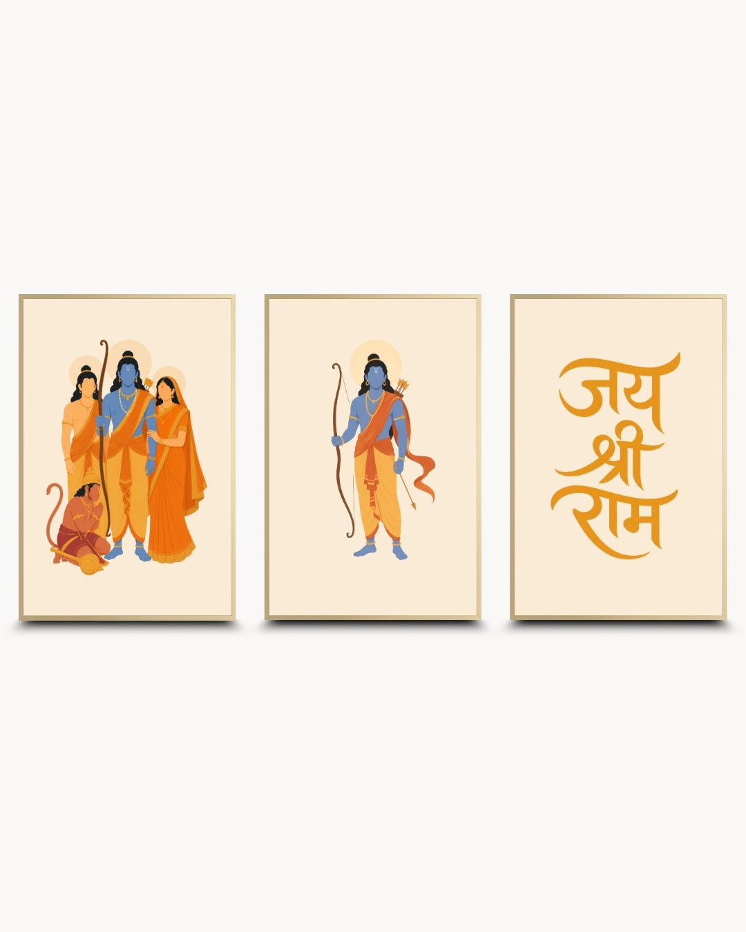 Minimalist illustration set of 3 featuring the Ram Darbar, Lord Rama with bow, and Jai Shri Ram typography, presented as modern framed wall art pieces in elegant satin gold frames.