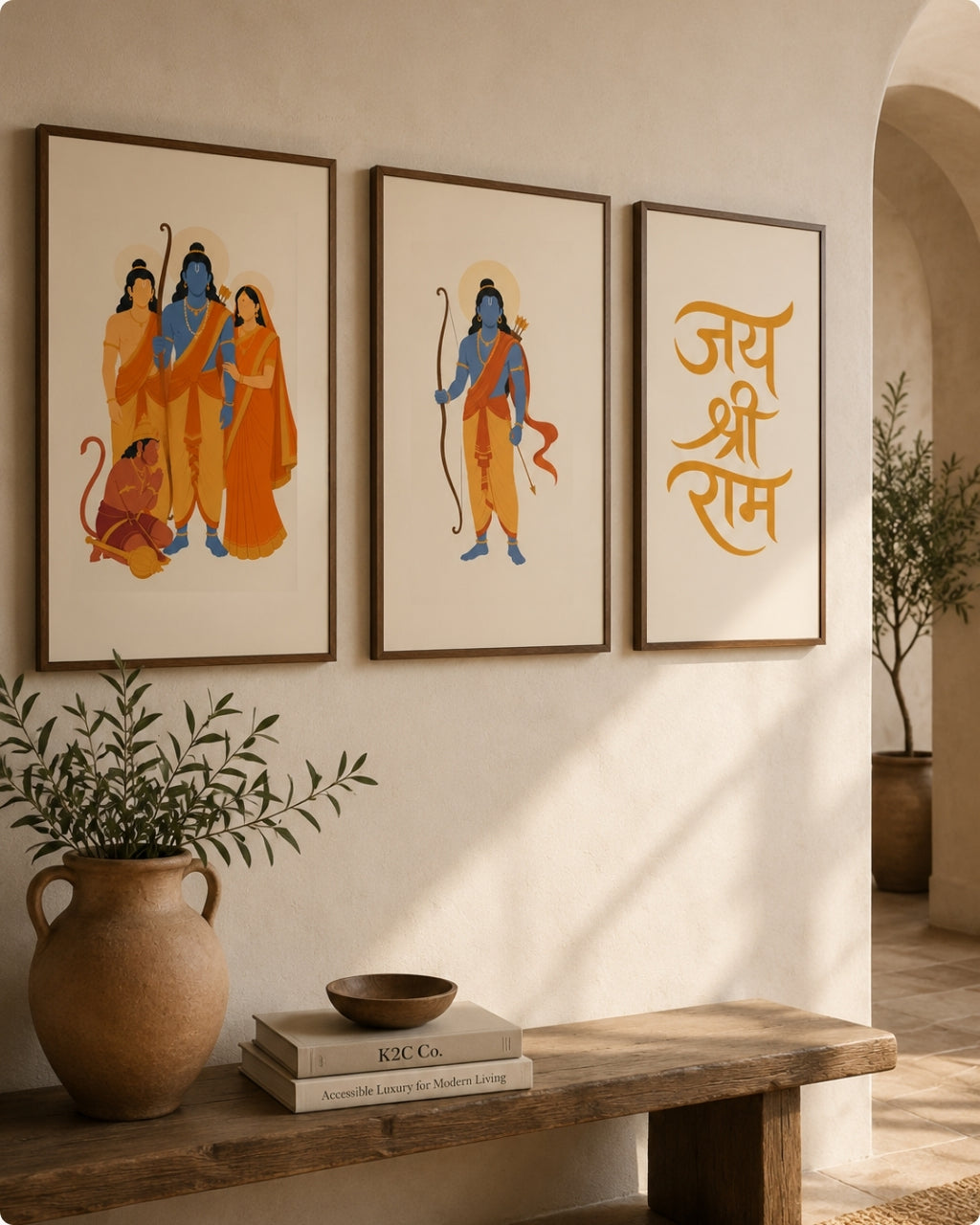Three framed wall art prints hang above a wooden bench in a warm, sunlit room. The left two frames show stylized depictions of Lord Ram and the monkey, and the right frame has orange Devanagari text on a cream background.