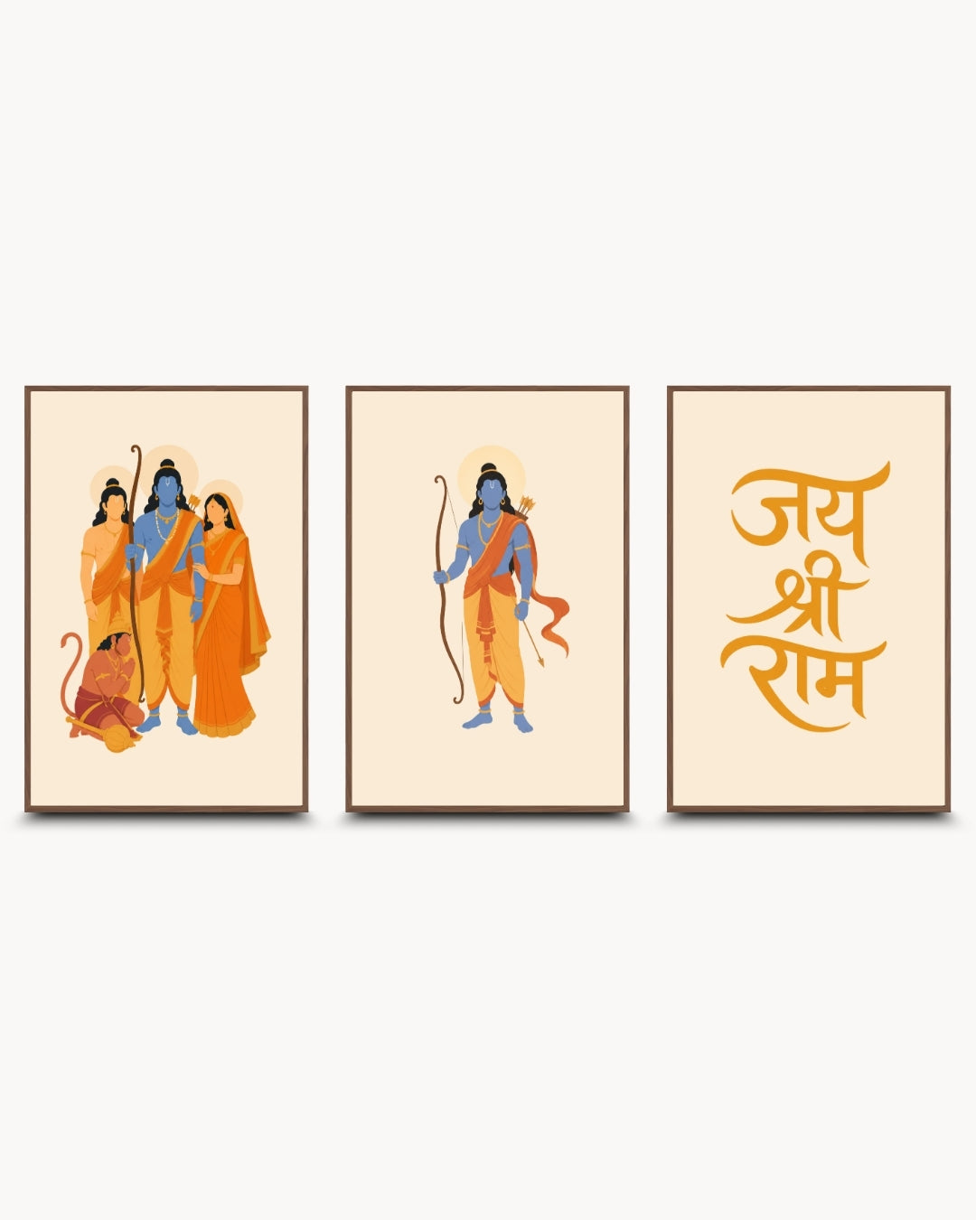 Minimalist illustration set of 3 featuring the Ram Darbar, Lord Rama with bow, and Jai Shri Ram typography, presented as modern framed wall art pieces in rich walnut wood frames.