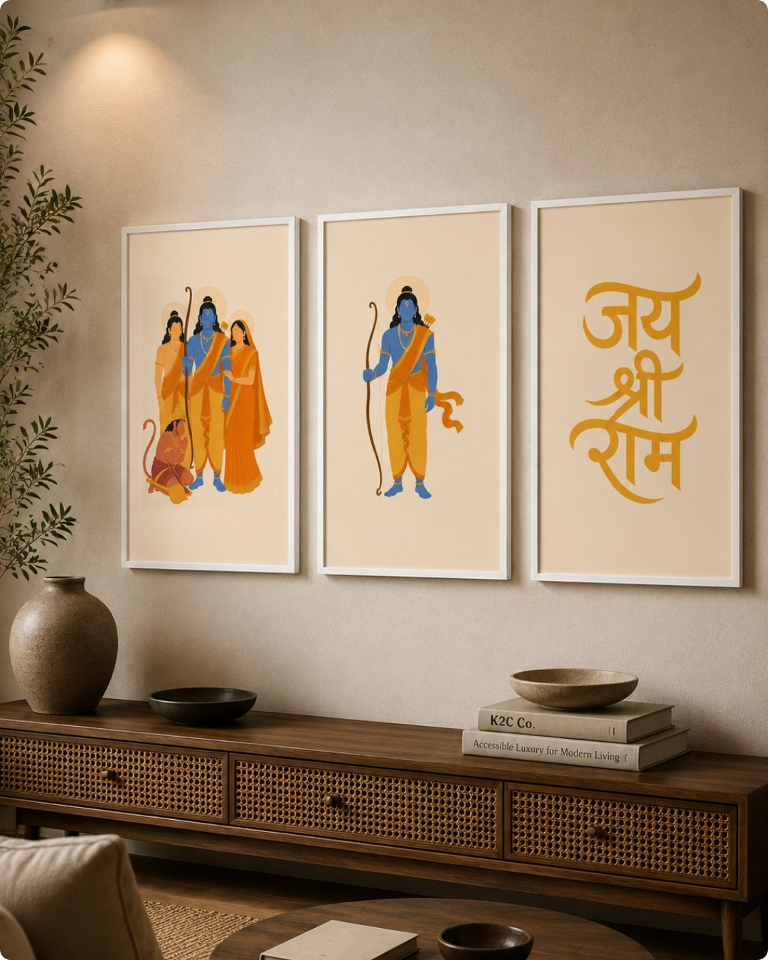 Three framed wall art prints with cream backgrounds hang above a wooden console table in a styled interior. The left print shows a group of figures in orange and blue, the center print shows a single figure in blue with a bow, and the right print displays stylized yellow Devanagari text reading 'Jai Shri Ram'.
