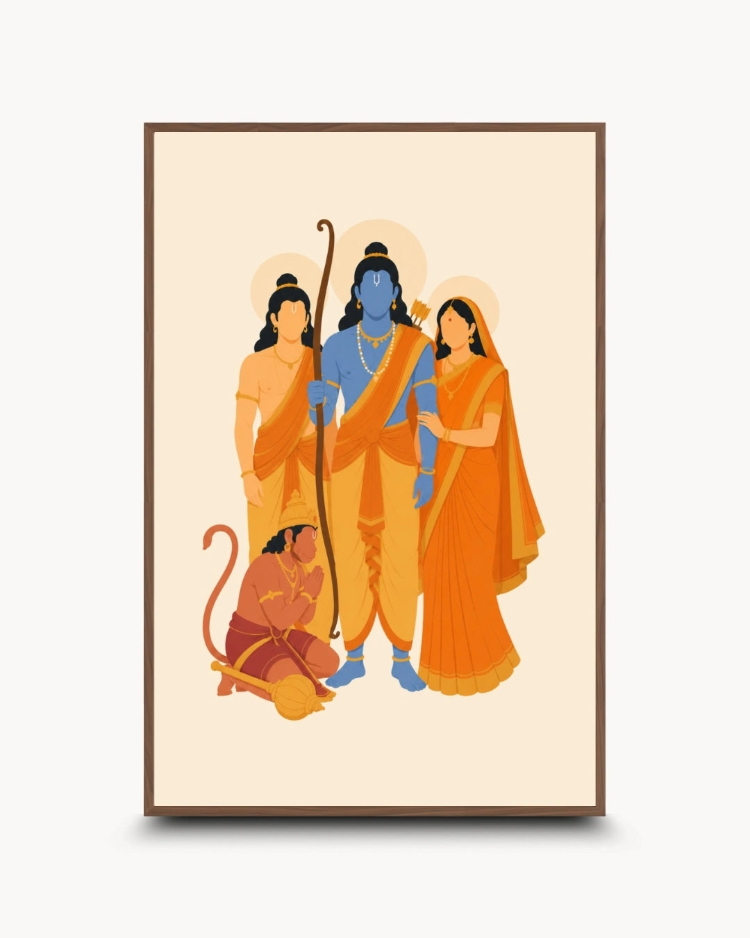 Minimalist illustration of the Hindu deities Lord Rama, Mother Sita, Lord Lakshman, and Lord Hanuman (Ram Darbar), presented as a modern wall art piece in a rich walnut wood frame.