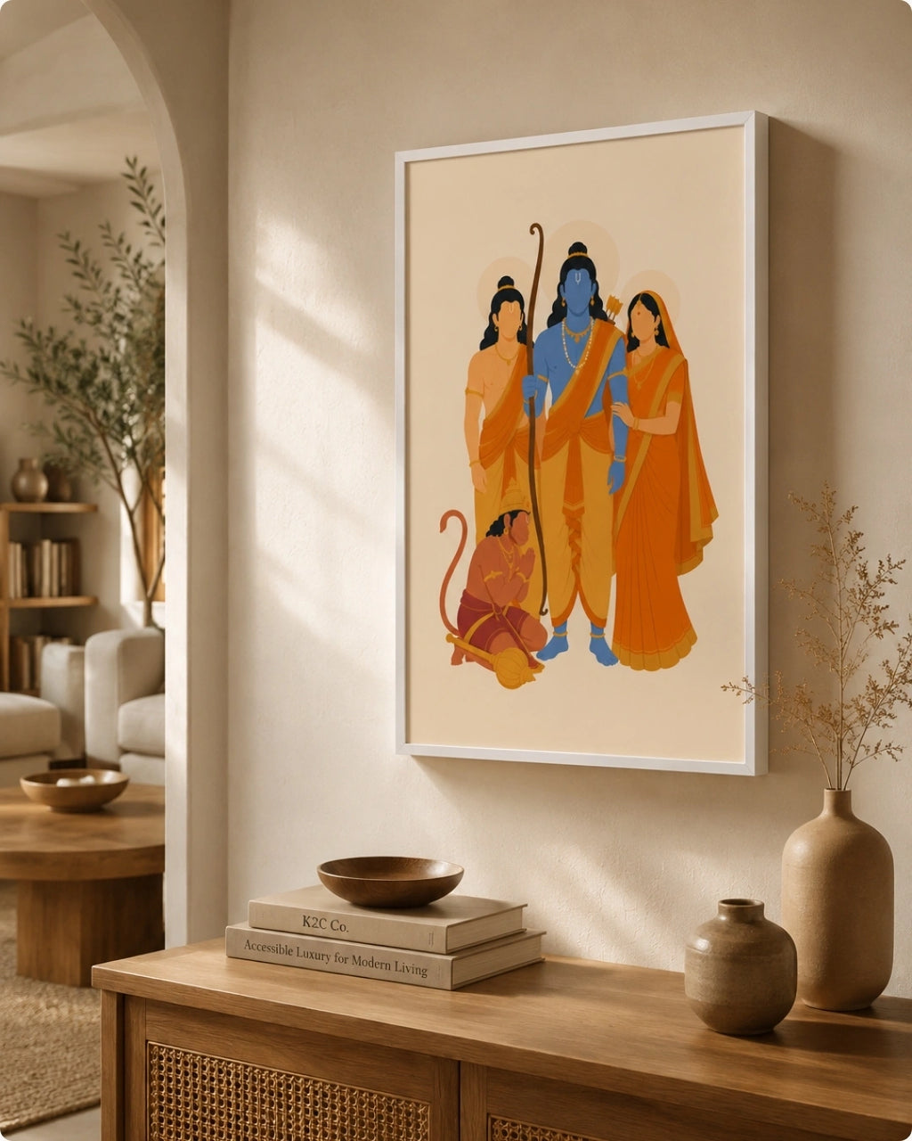 Lifestyle interior mockup of the Ram Darbar wall art in a clean white frame, hung above a dark traditional wooden console in an arched hallway.