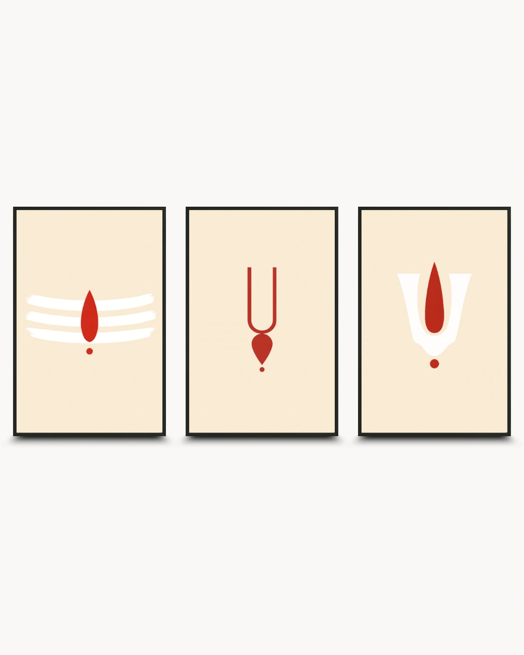 Minimalist modern Hindu wall art triptych featuring Tripundra and Urdhva Pundra tilak symbols, presented in black frames.