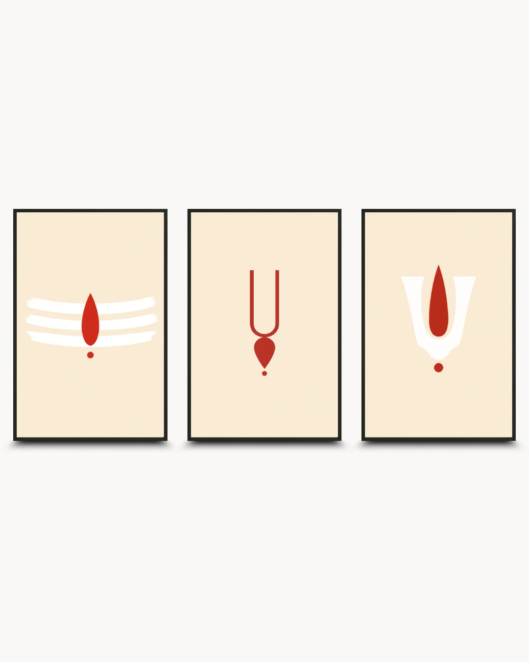 Minimalist modern Hindu wall art triptych featuring Tripundra and Urdhva Pundra tilak symbols, presented in black frames.