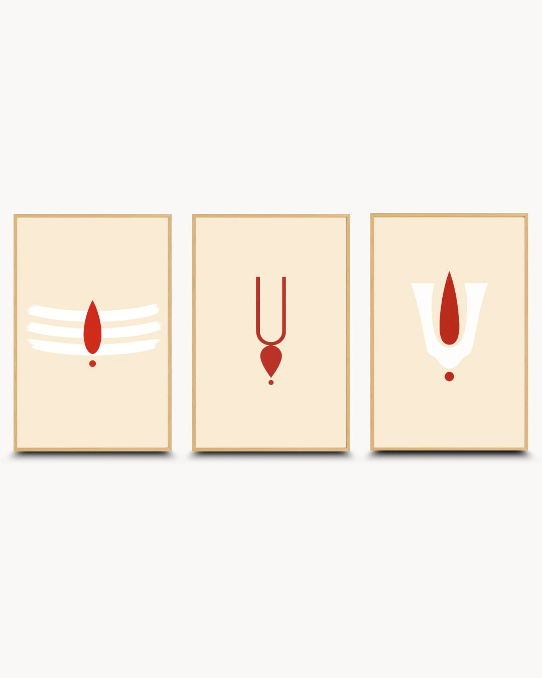 Minimalist modern Hindu wall art triptych featuring Tripundra and Urdhva Pundra tilak symbols, presented in light maple wood frames.