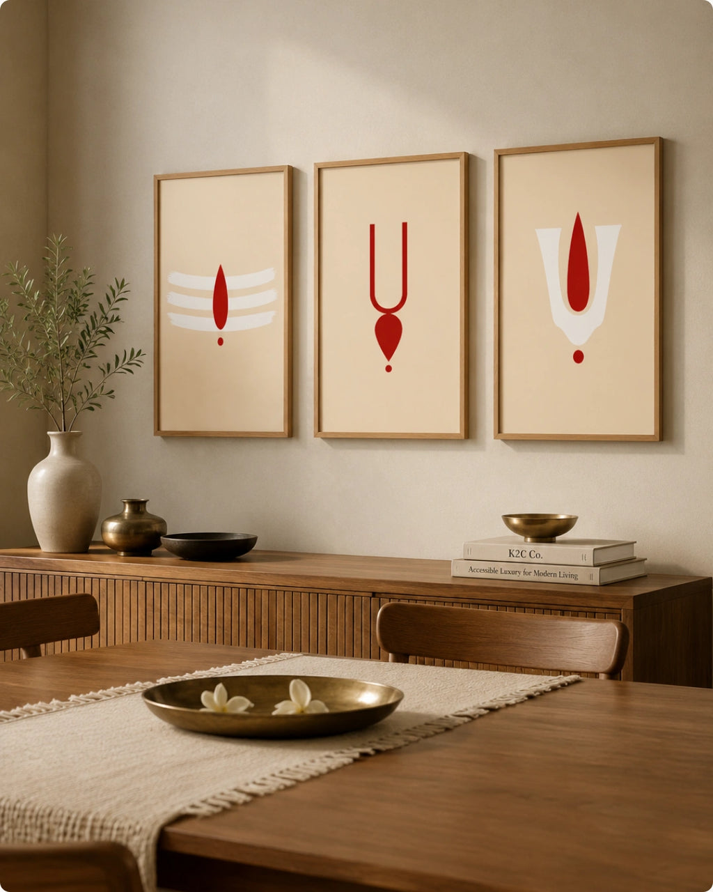 Three framed modern minimalist art prints with red and white abstract symbols on a beige background, displayed on a wall above a wooden sideboard in a warm, modern dining room setting.