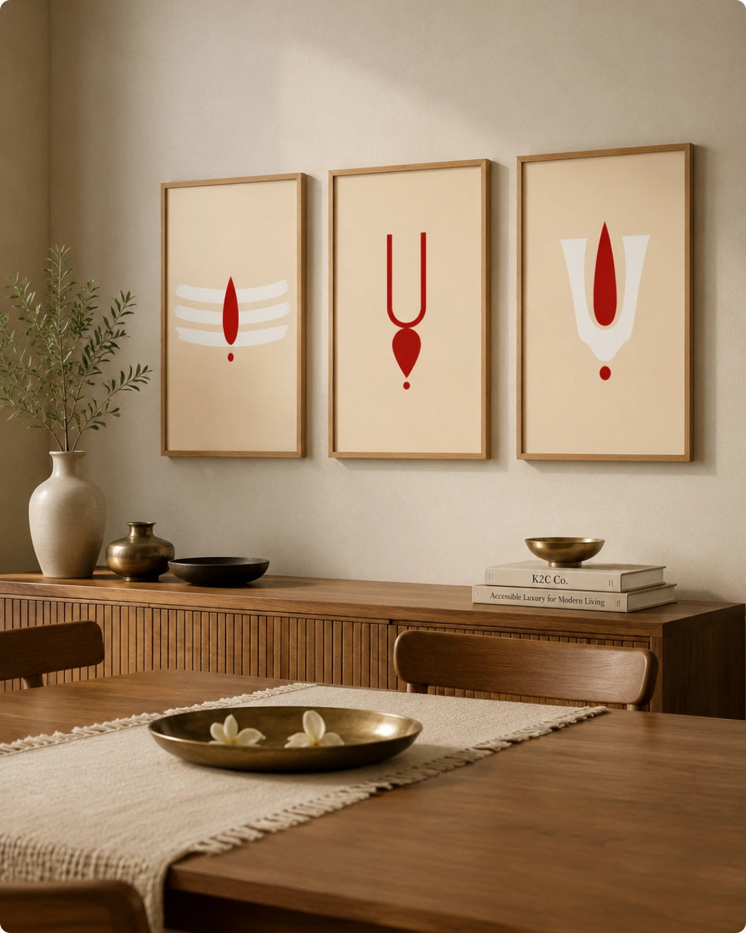 Three framed modern minimalist art prints with red and white abstract symbols on a beige background, displayed on a wall above a wooden sideboard in a warm, modern dining room setting.