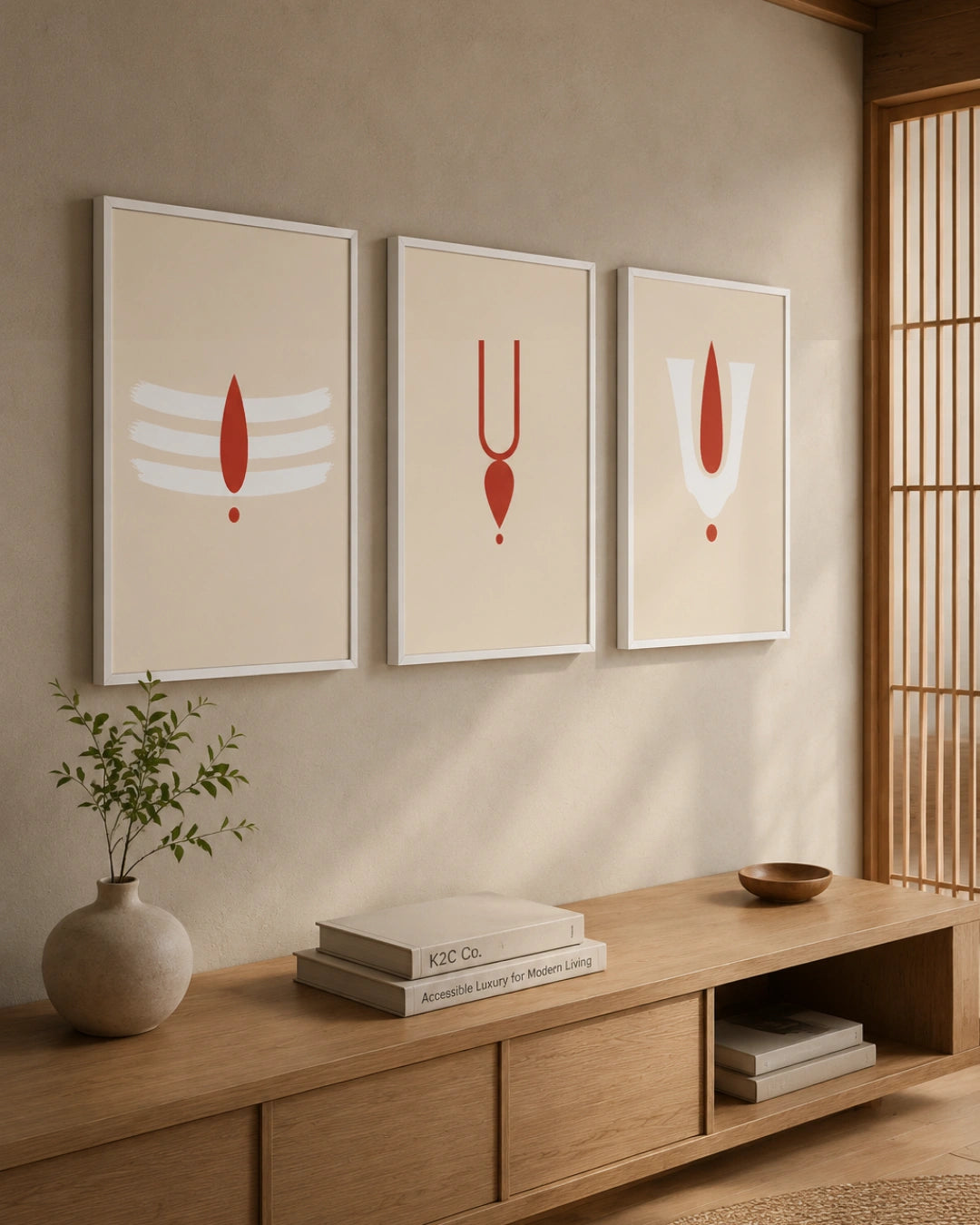Three minimalist framed wall art prints with red and white abstract symbols hang above a light wood console table in a warm, modern interior setting.