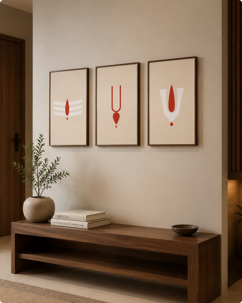 Lifestyle mockup of the sacred tilak modern Hindu wall art triptych in maple wood frames hung above a wooden dining table in a warm minimalist room.