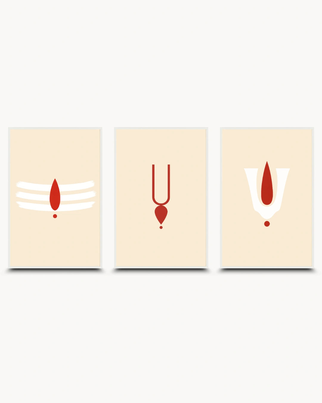 Minimalist modern Hindu wall art triptych featuring Tripundra and Urdhva Pundra tilak symbols, presented in white frames.