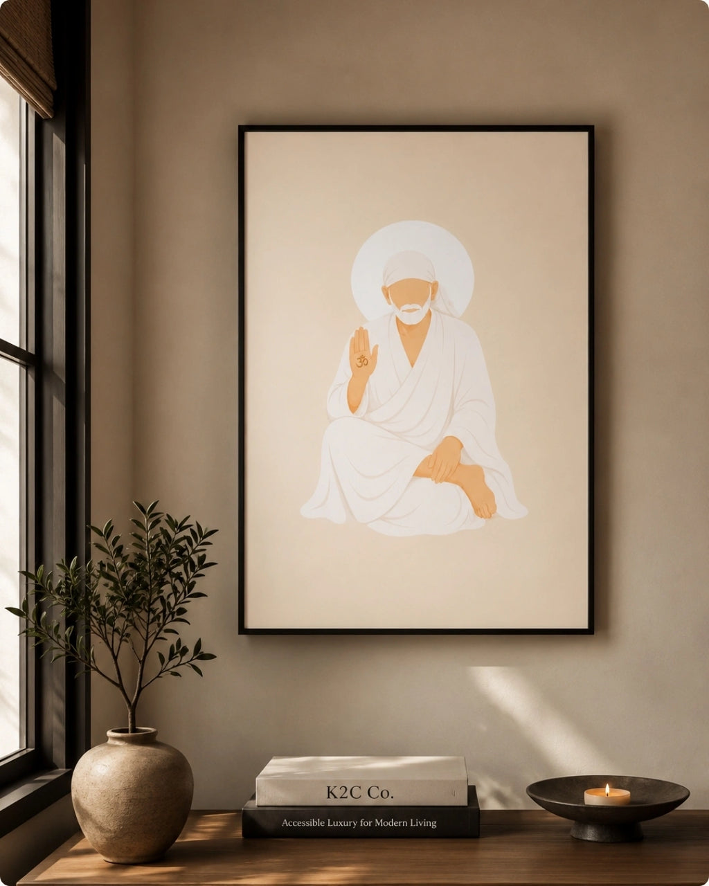 Lifestyle mockup of the Sai Baba wall art in a sleek black frame styled above a dark wooden console with an earthy vase and books.