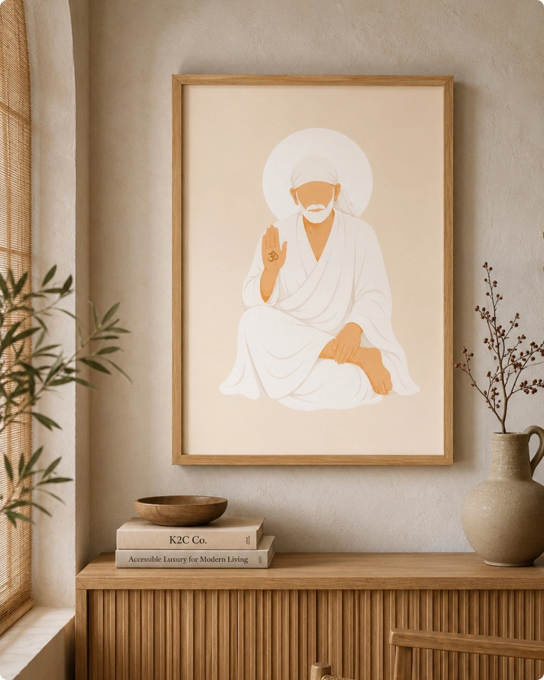 Lifestyle mockup of the Sai Baba wall art in a light maple wood frame displayed above a textured fluted wooden console in a sunlit room.