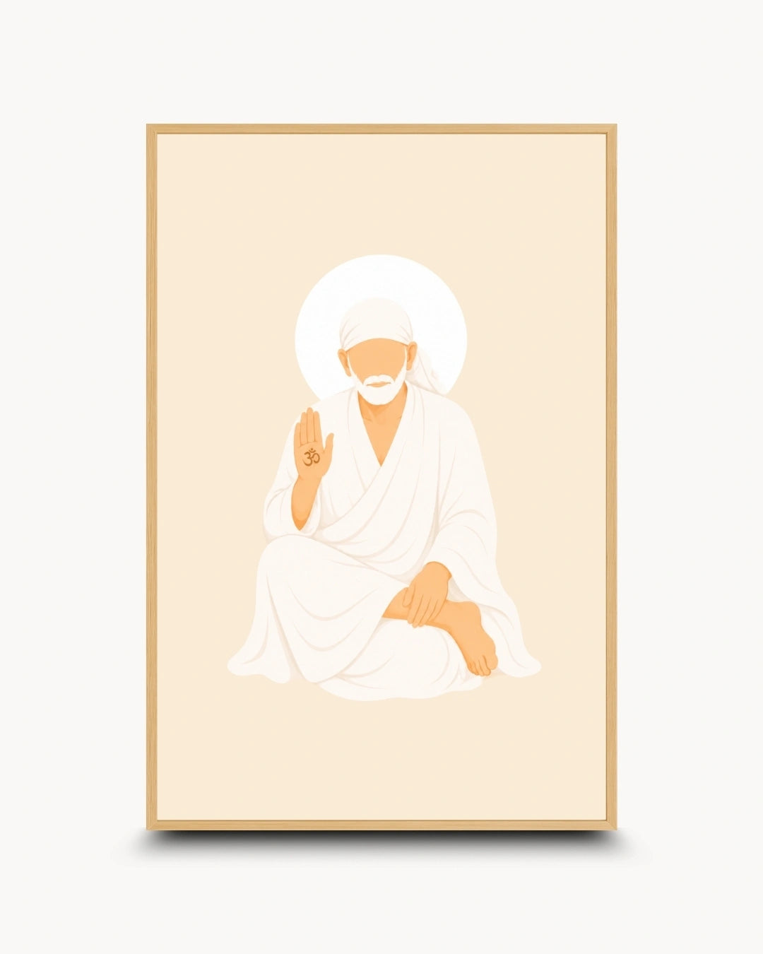 Minimalist illustration of Shirdi Sai Baba seated peacefully in white robes presented as a modern wall art piece in a light maple wood frame.