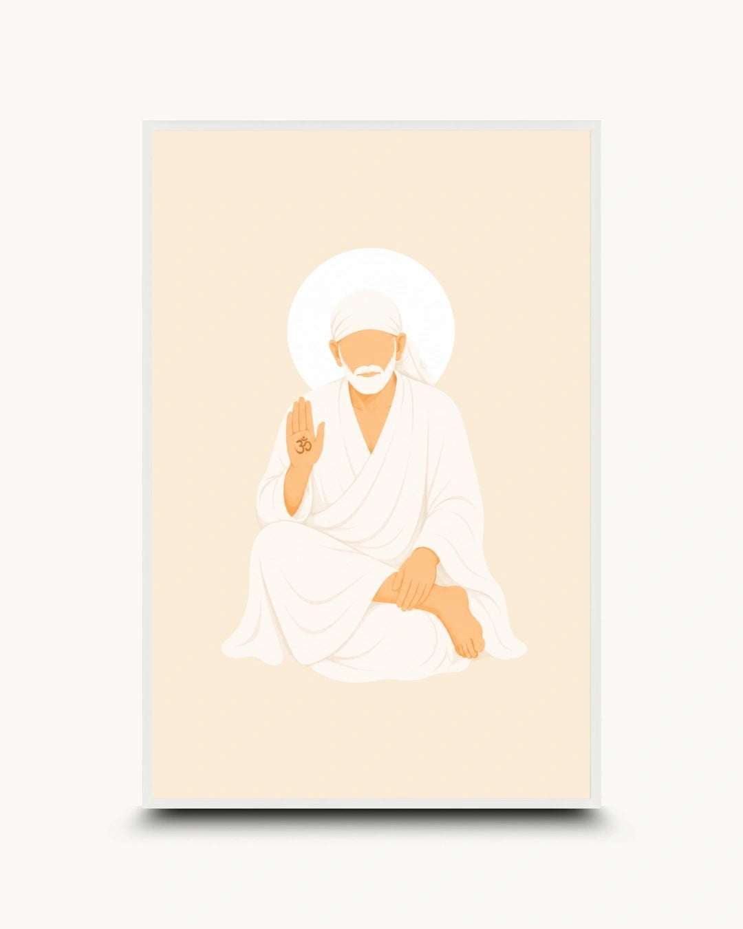 Minimalist illustration of Shirdi Sai Baba seated peacefully in white robes presented as a modern wall art piece in a clean moon white frame.
