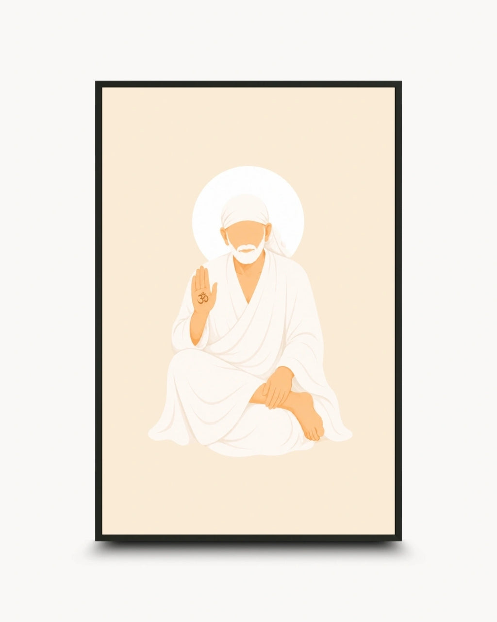 Minimalist illustration of Shirdi Sai Baba seated peacefully in white robes presented as a modern wall art piece in a sleek noir black frame.