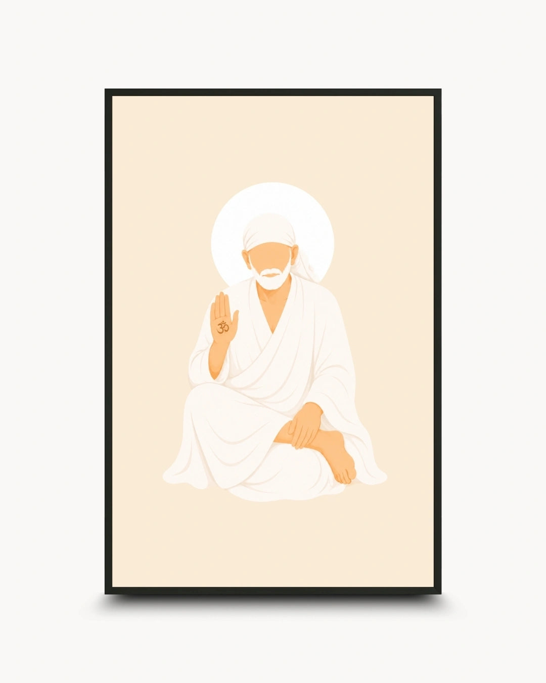 Minimalist illustration of Shirdi Sai Baba seated peacefully in white robes presented as a modern wall art piece in a sleek noir black frame.