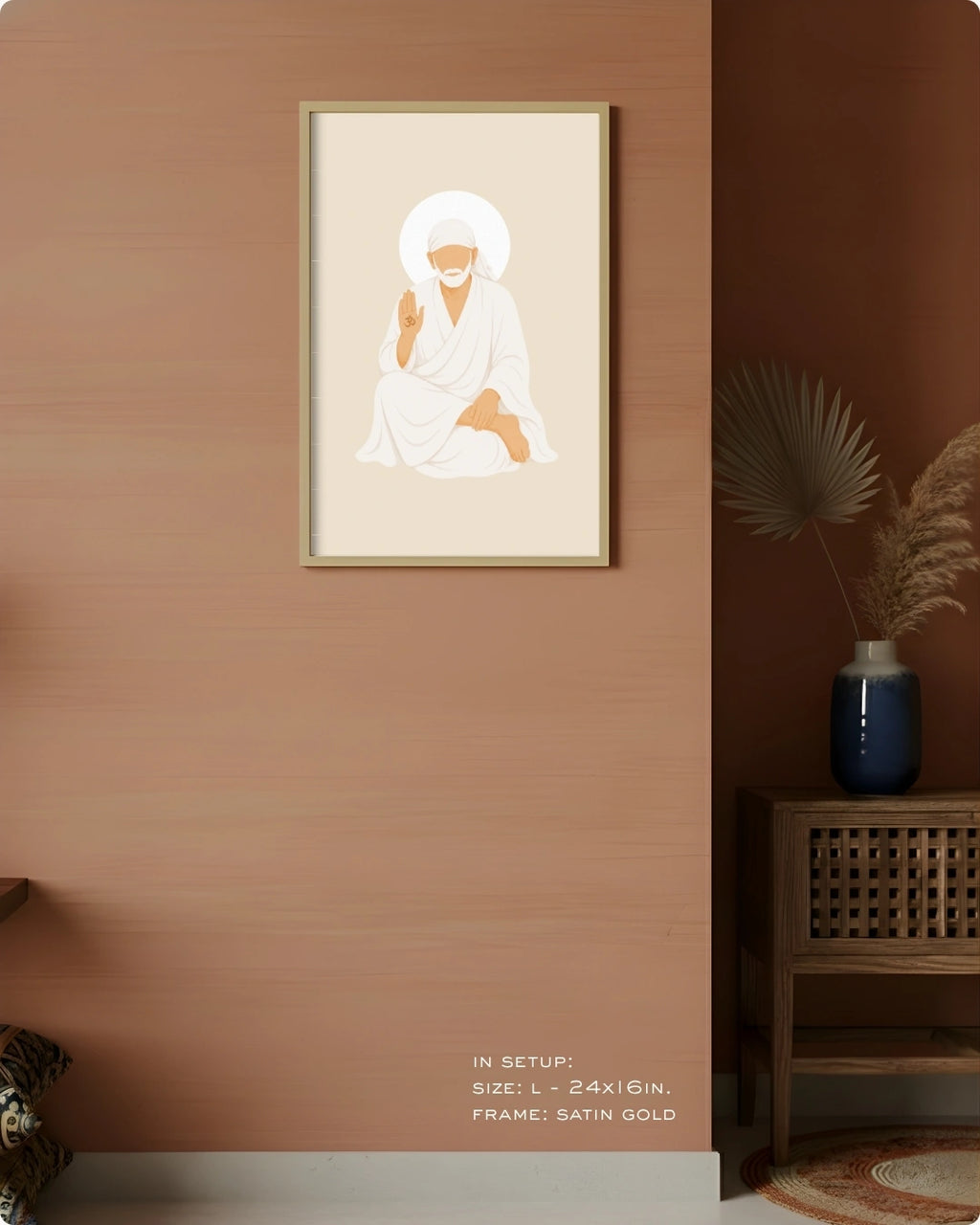 Visual size guide mockup for the Sai Baba wall art in Large size with a satin gold frame displayed against a warm terracotta accent wall.