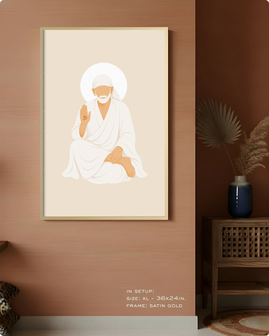 Visual size guide mockup for the Sai Baba wall art in Extra Large size with a satin gold frame displayed against a warm terracotta accent wall.