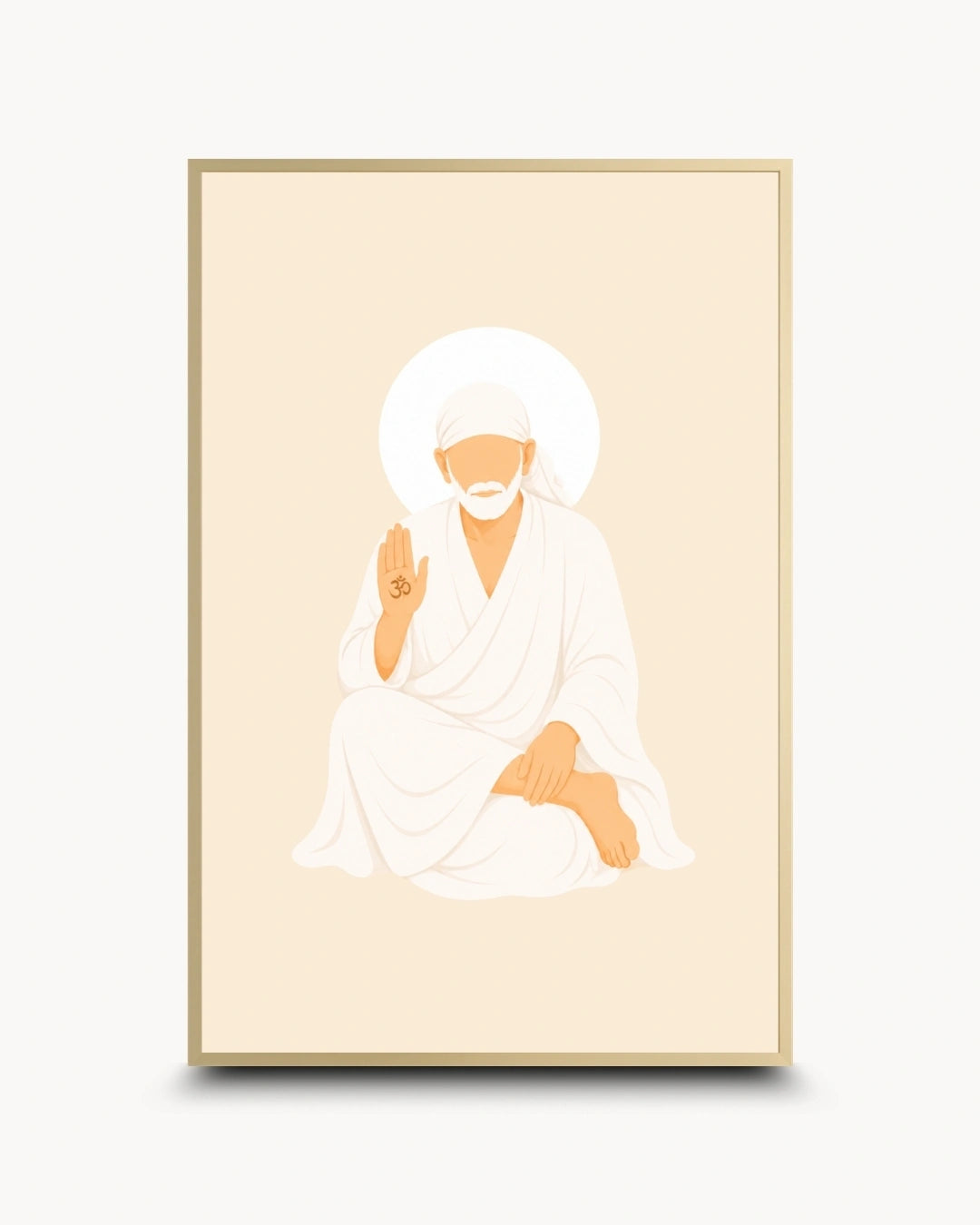 Minimalist illustration of Shirdi Sai Baba seated peacefully in white robes presented as a modern wall art piece in an elegant satin gold frame.