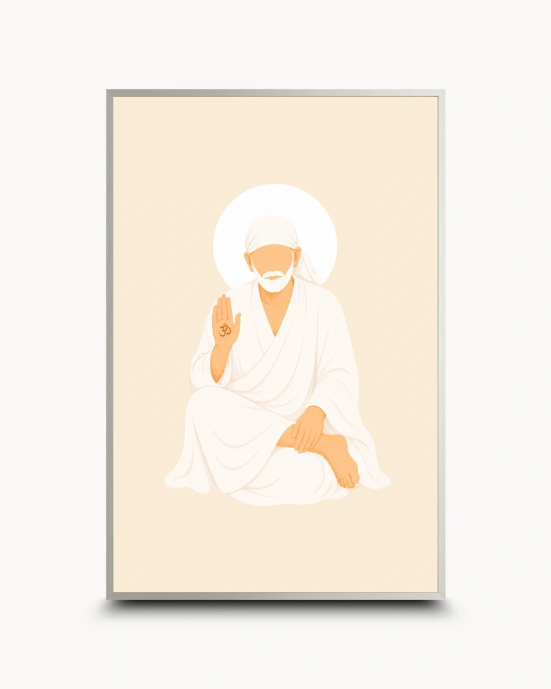 Minimalist illustration of Shirdi Sai Baba seated peacefully in white robes presented as a modern wall art piece in a modern satin silver frame.
