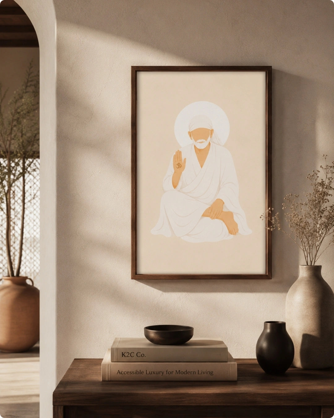 Lifestyle mockup of the Sai Baba wall art in a rich walnut wood frame styled in a moody archway over a dark wooden cabinet with a traditional bowl.