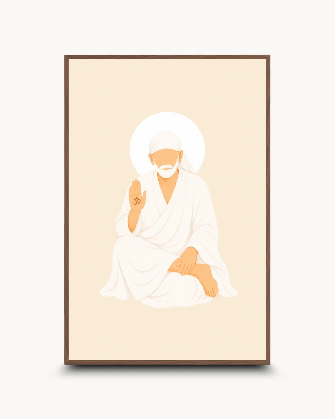 Minimalist illustration of Shirdi Sai Baba seated peacefully in white robes presented as a modern wall art piece in a rich walnut wood frame.