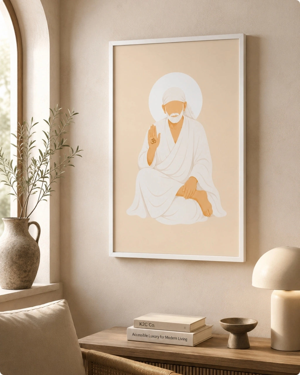 Lifestyle interior mockup of the Sai Baba wall art in a clean white frame hung perfectly over a modern console next to a cozy reading chair.